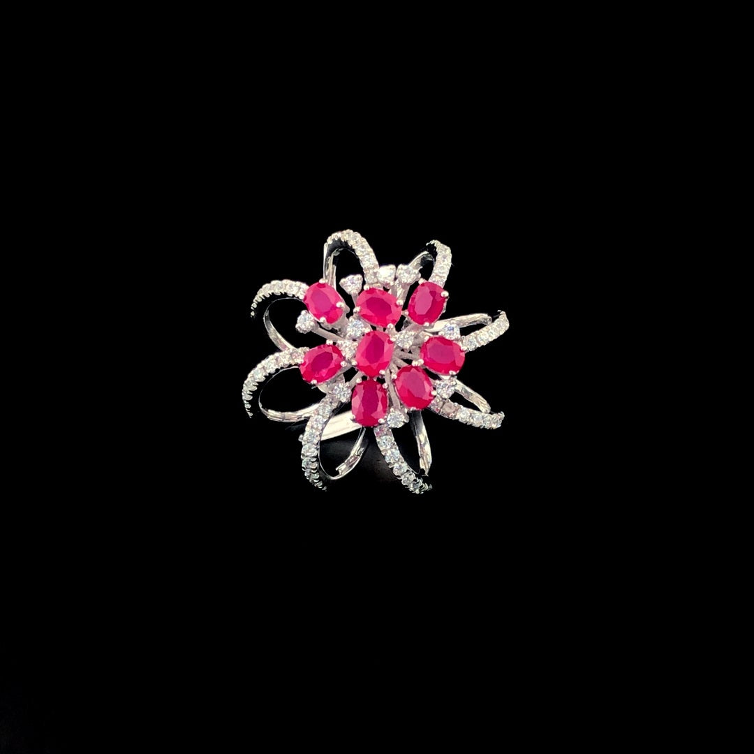 Luxury Silver Floral Ring with Ruby Red Stones & Sparkling CZ Accents – Statement Jewelry for Women