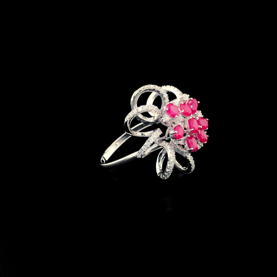 Luxury Silver Floral Ring with Ruby Red Stones & Sparkling CZ Accents – Statement Jewelry for Women