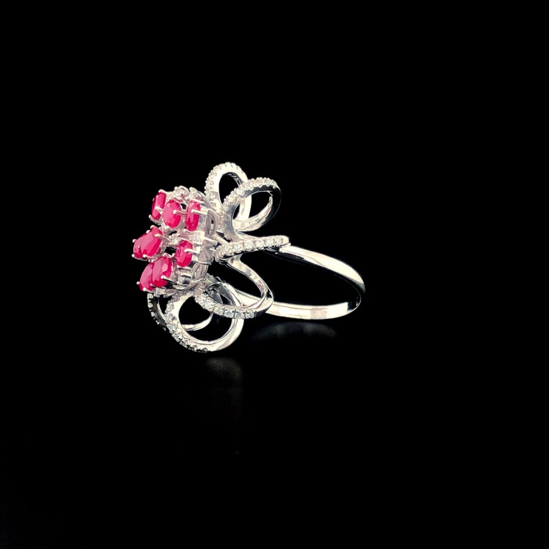 Luxury Silver Floral Ring with Ruby Red Stones & Sparkling CZ Accents – Statement Jewelry for Women