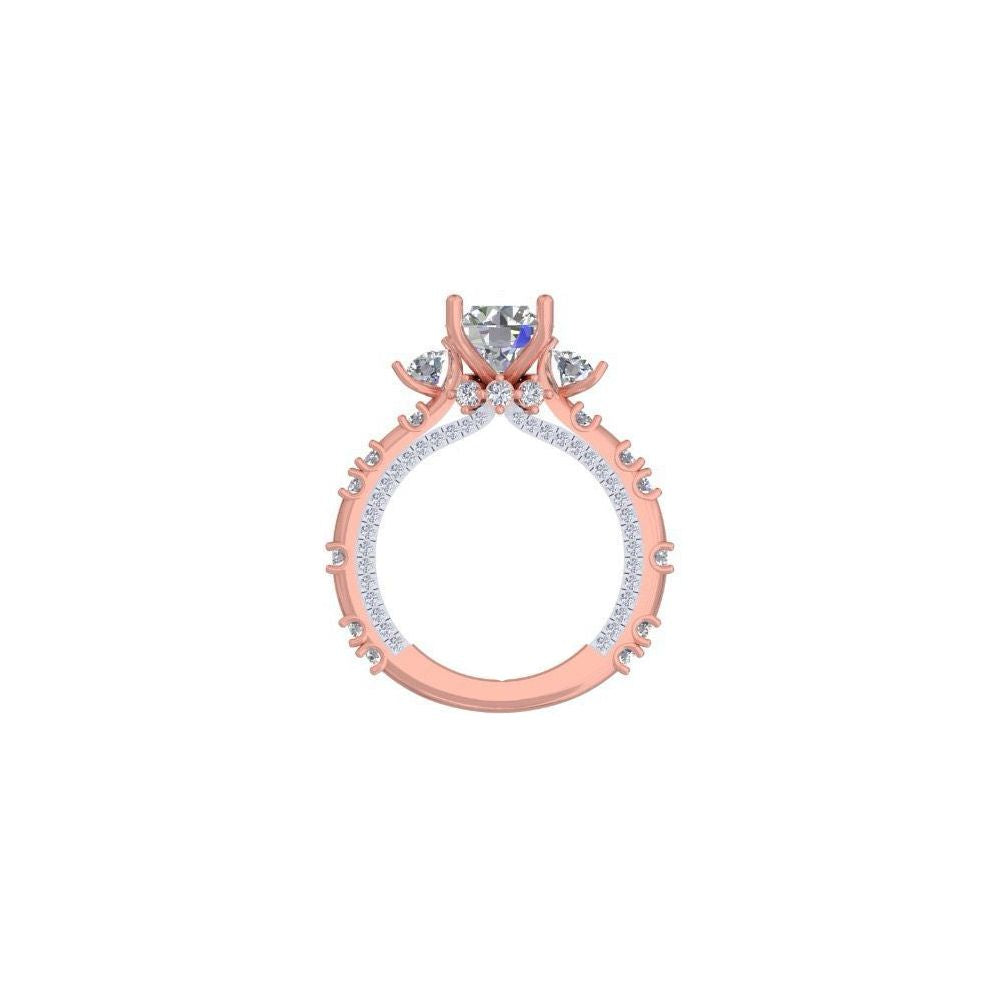 Rose Gold Three-Stone Diamond Engagement Ring – Designer Women’s Ring with Pave Band 10K | 14K | 18K