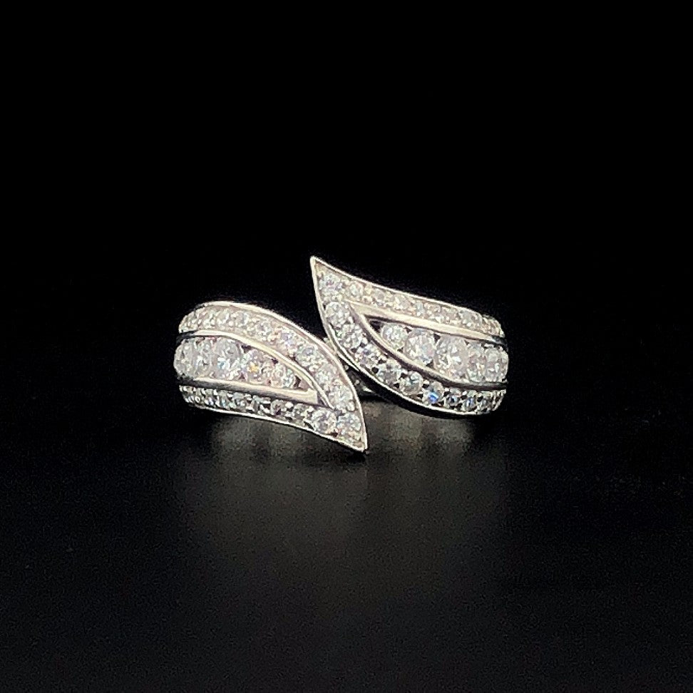 Elegant Silver Bypass Ring with CZ Leaf Design – Adjustable Statement Ring for Women