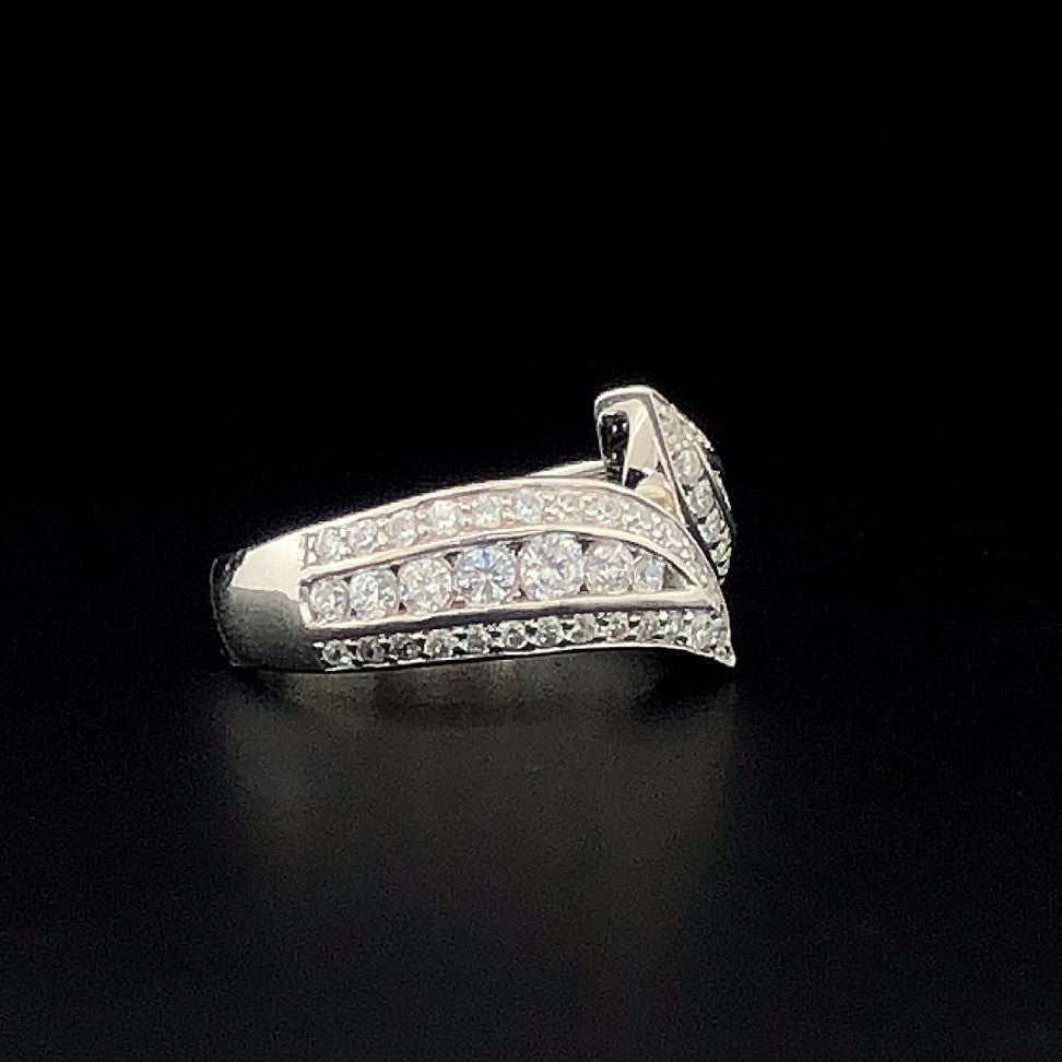 Elegant Silver Bypass Ring with CZ Leaf Design – Adjustable Statement Ring for Women
