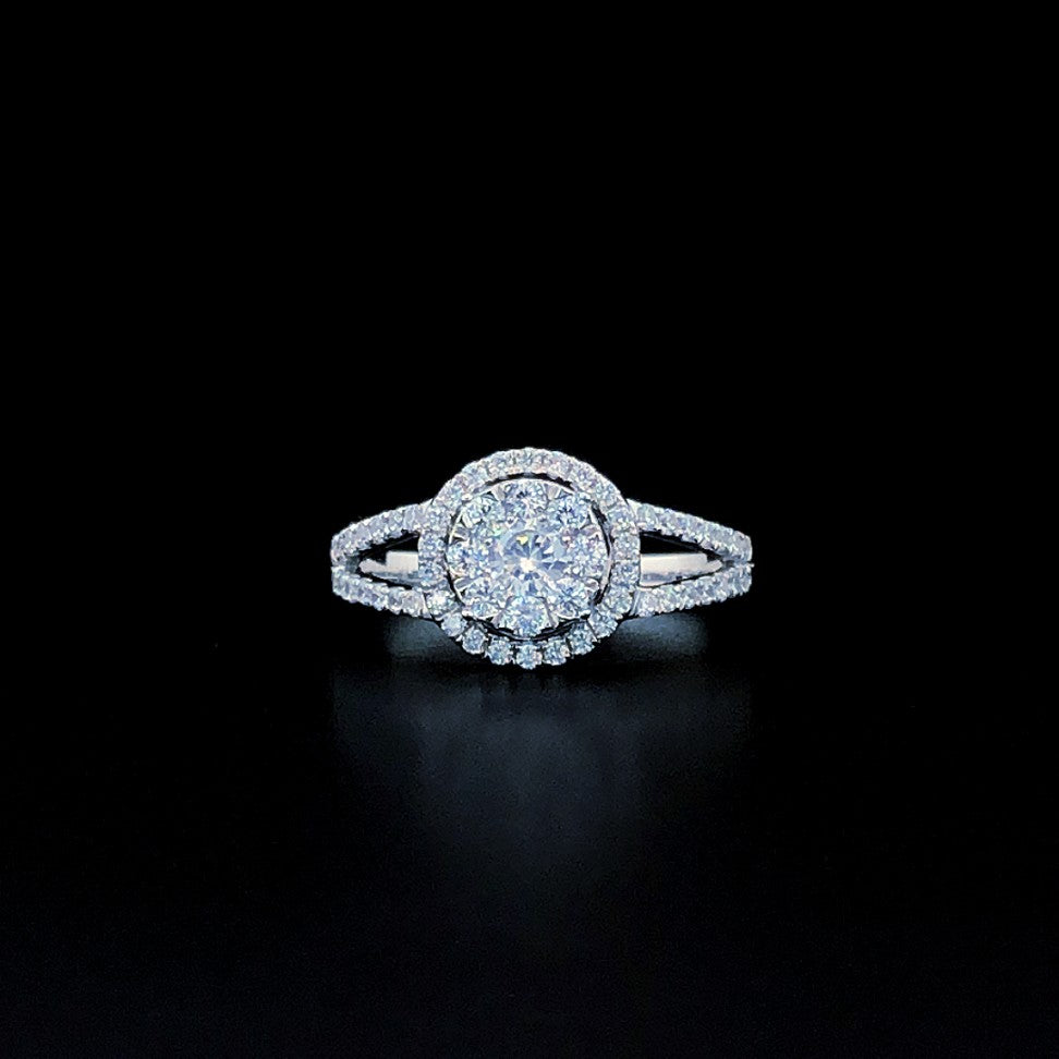 Double Halo Split Shank Silver Ring with Brilliant Round CZ Center