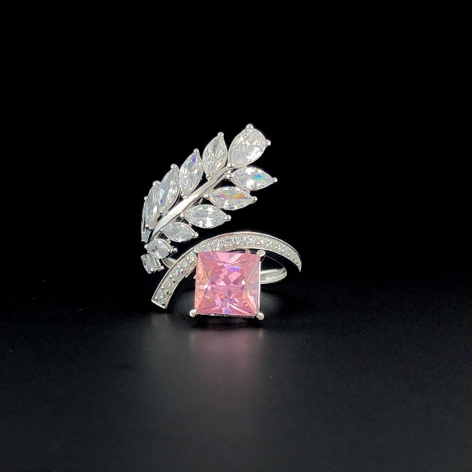 Silver Ring with Pink Princess-Cut Stone & CZ Leaf Design – Luxury Cocktail Ring for Women