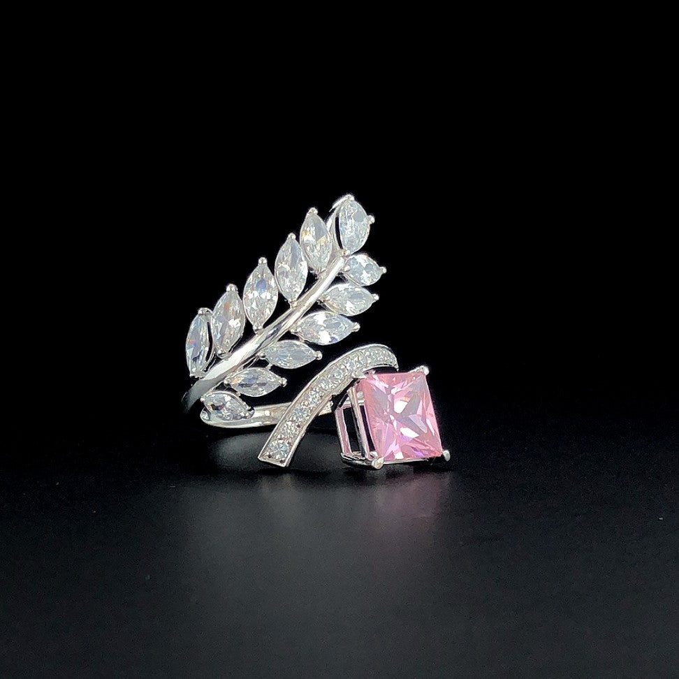 Silver Ring with Pink Princess-Cut Stone & CZ Leaf Design – Luxury Cocktail Ring for Women
