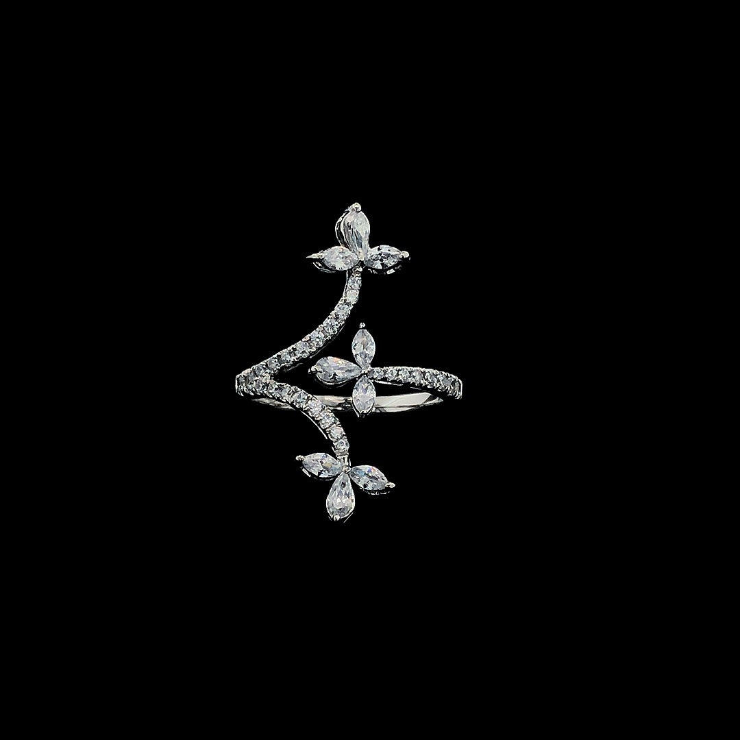 Silver Ring with CZ Butterfly & Floral Vine Design – Elegant Nature-Inspired Jewelry for Women