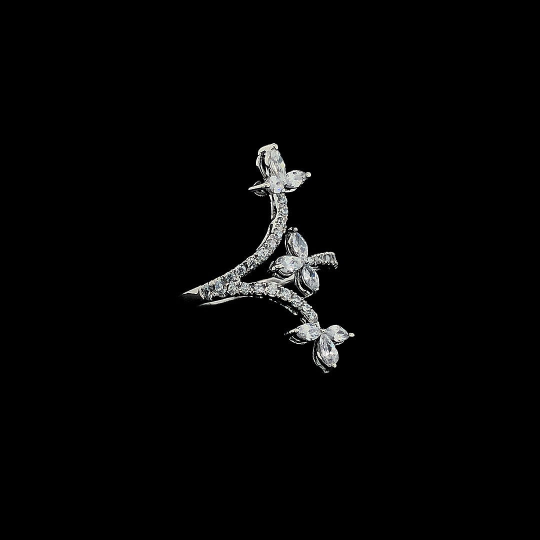 Silver Ring with CZ Butterfly & Floral Vine Design – Elegant Nature-Inspired Jewelry for Women