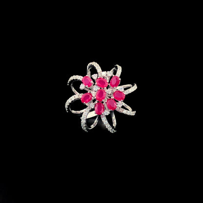 Luxury Silver Floral Ring with Ruby Red Stones & Sparkling CZ Accents – Statement Jewelry for Women