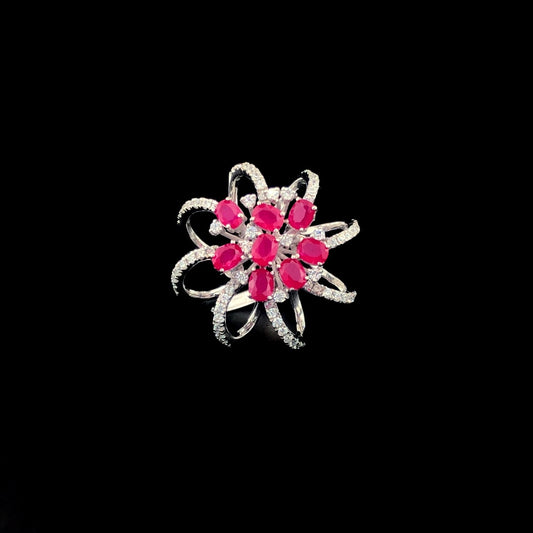 Luxury Silver Floral Ring with Ruby Red Stones & Sparkling CZ Accents – Statement Jewelry for Women