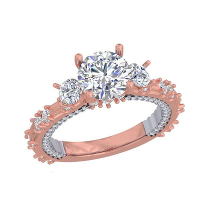 Rose Gold Three-Stone Diamond Engagement Ring – Designer Women’s Ring with Pave Band 10K | 14K | 18K