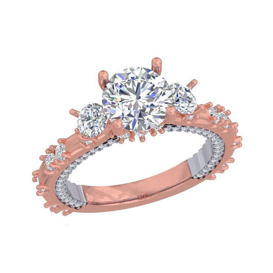 Rose Gold Three-Stone Diamond Engagement Ring – Designer Women’s Ring with Pave Band 10K | 14K | 18K