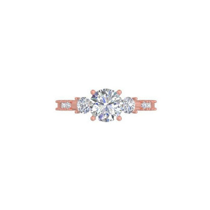 Rose Gold Three-Stone Diamond Engagement Ring – Designer Women’s Ring with Pave Band 10K | 14K | 18K