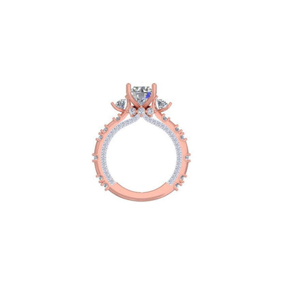 Rose Gold Three-Stone Diamond Engagement Ring – Designer Women’s Ring with Pave Band 10K | 14K | 18K