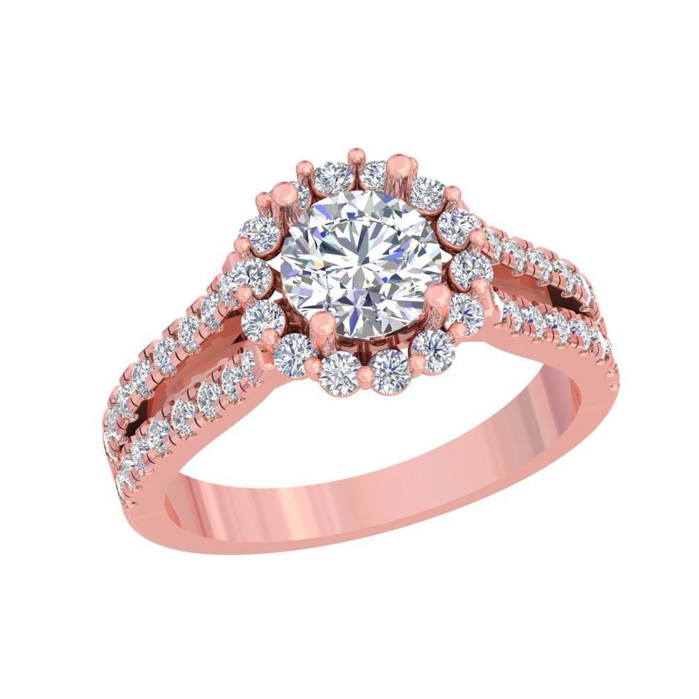 Rose Gold Halo Diamond Engagement Ring – Split Shank Ring with Round Center Stone 10K | 14K | 18K