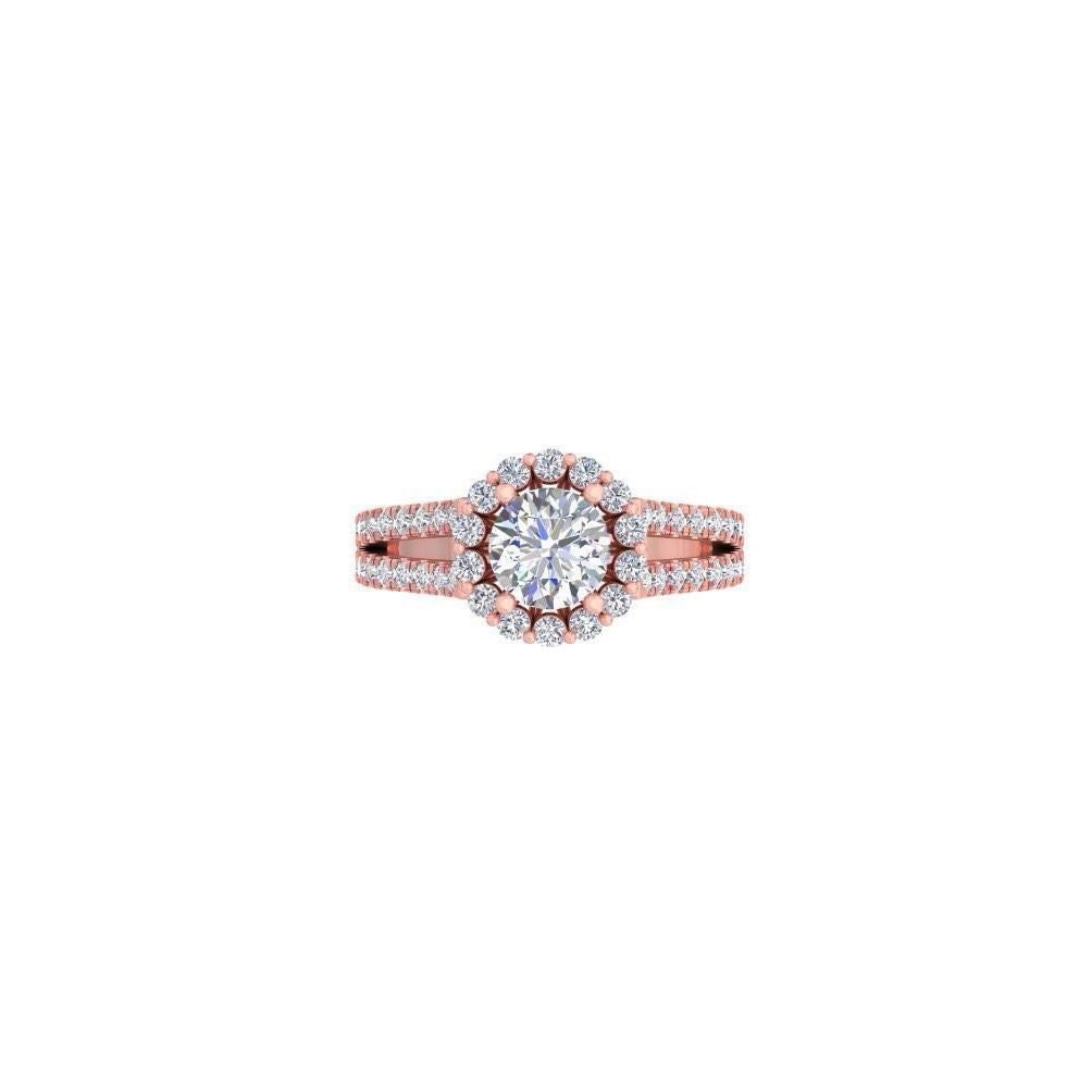 Rose Gold Halo Diamond Engagement Ring – Split Shank Ring with Round Center Stone 10K | 14K | 18K