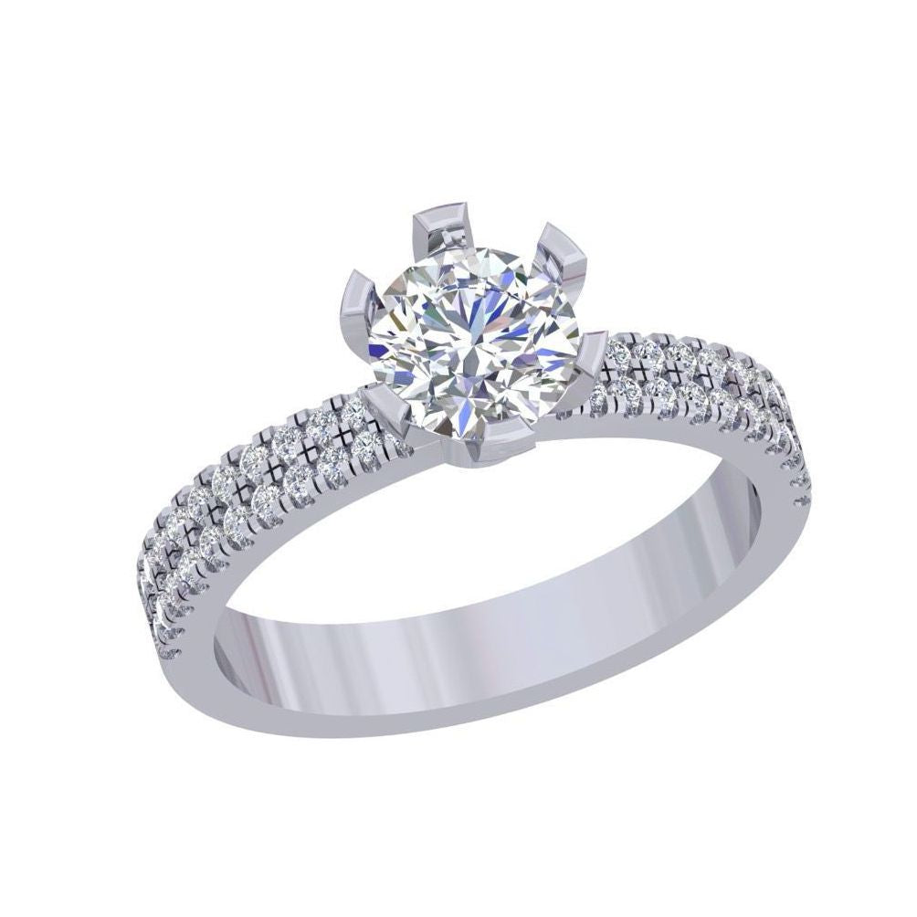 White Gold Solitaire Diamond Ring – Pavé Double Row Band Engagement Ring 10K | 14K | 18K