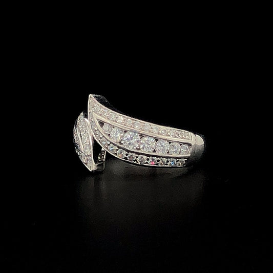 Elegant Silver Bypass Ring with CZ Leaf Design – Adjustable Statement Ring for Women