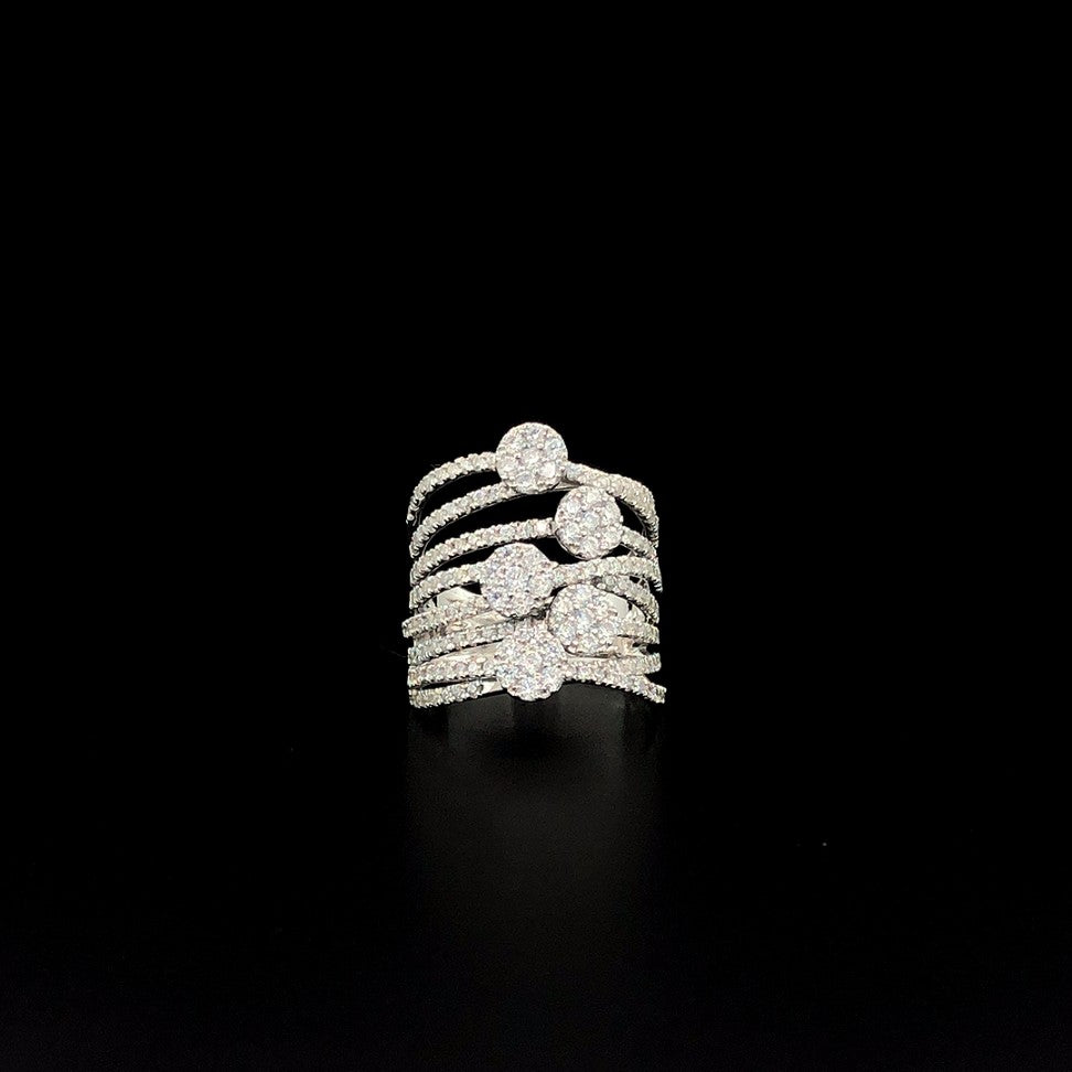 Multi-Layered Silver Statement Ring with Round CZ Clusters – Bold Cocktail Ring for Women