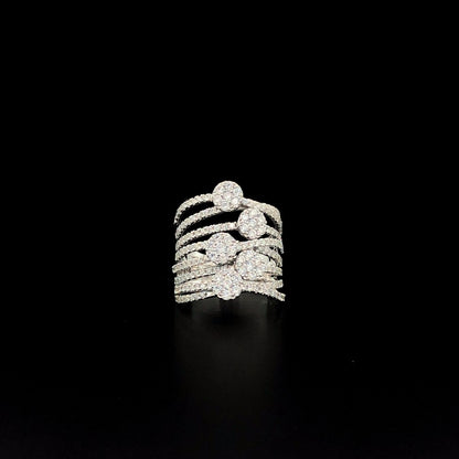 Multi-Layered Silver Statement Ring with Round CZ Clusters – Bold Cocktail Ring for Women