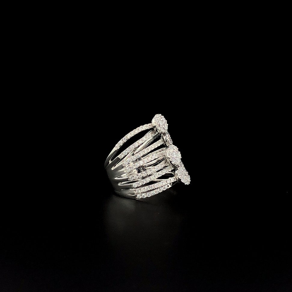 Multi-Layered Silver Statement Ring with Round CZ Clusters – Bold Cocktail Ring for Women