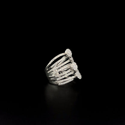 Multi-Layered Silver Statement Ring with Round CZ Clusters – Bold Cocktail Ring for Women