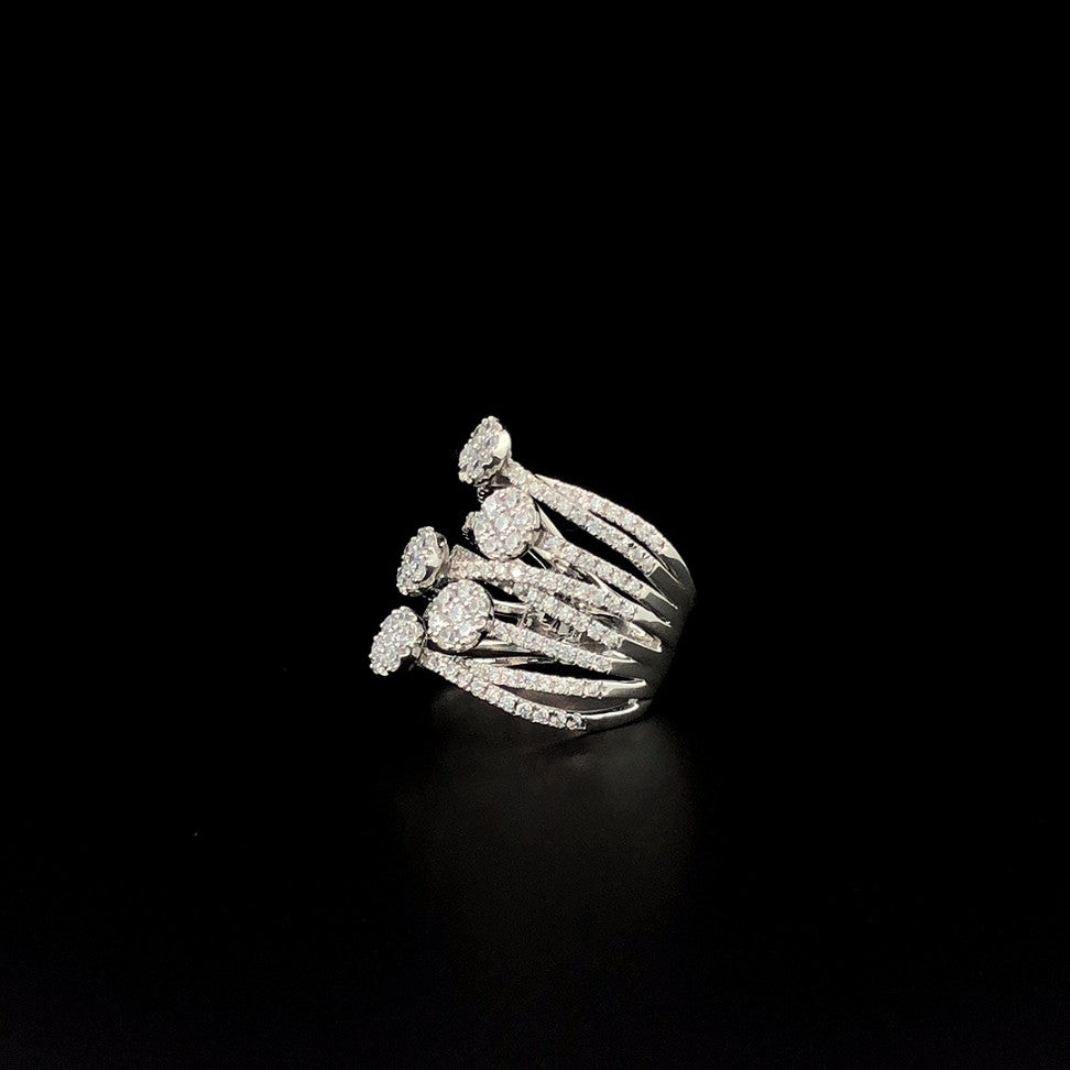 Multi-Layered Silver Statement Ring with Round CZ Clusters – Bold Cocktail Ring for Women