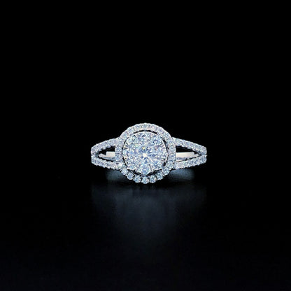 Double Halo Split Shank Silver Ring with Brilliant Round CZ Center