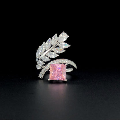 Silver Ring with Pink Princess-Cut Stone & CZ Leaf Design – Luxury Cocktail Ring for Women