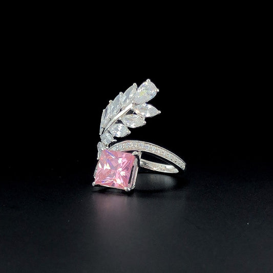 Silver Ring with Pink Princess-Cut Stone & CZ Leaf Design – Luxury Cocktail Ring for Women