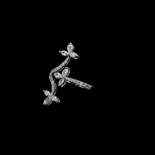 Silver Ring with CZ Butterfly & Floral Vine Design – Elegant Nature-Inspired Jewelry for Women