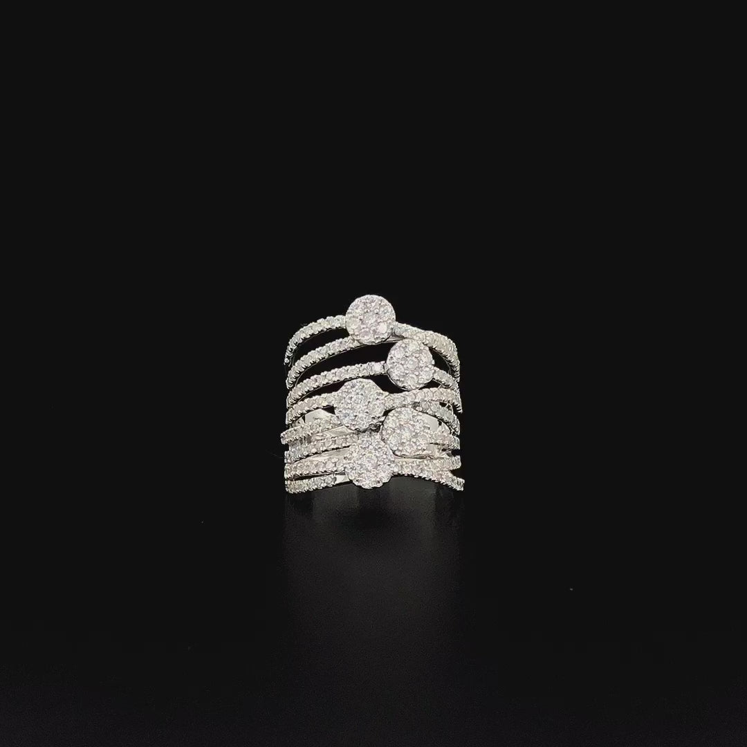 Multi-Layered Silver Statement Ring with Round CZ Clusters – Bold Cocktail Ring for Women