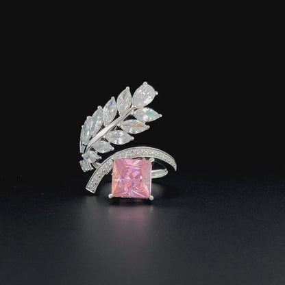Silver Ring with Pink Princess-Cut Stone & CZ Leaf Design – Luxury Cocktail Ring for Women