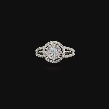 Double Halo Split Shank Silver Ring with Brilliant Round CZ Center