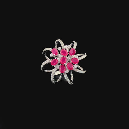 Luxury Silver Floral Ring with Ruby Red Stones & Sparkling CZ Accents – Statement Jewelry for Women