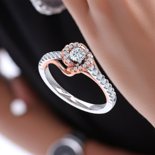 Rose Gold Diamond Halo Engagement Ring – Two Tone White & Rose Gold Ring for Women 10K | 14K | 18K